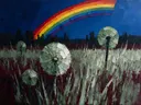 Paardenbloem in de weide in saliegrijs, schilderij van paardenbloem onder een storm
