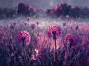 Paardenbloem in de weide in violet, schilderij van paardenbloem