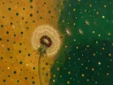 Paardenbloem in diep amber en flessengroen, schilderij van paardenbloem