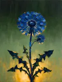 Paardenbloem in diepblauw, schilderij van paardenbloem van dichtbij