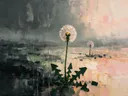 Paardenbloem in groenroze, schilderij van paardenbloem van dichtbij