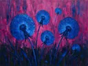 Paardenbloem in groepjes in kobaltmagenta, schilderij van paardenbloem aan de bosrand
