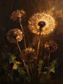 Paardenbloem in groepjes in kopergloed, schilderij van paardenbloem