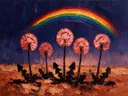 Paardenbloem in groepjes in koraal, schilderij van paardenbloem
