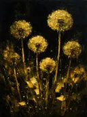 Paardenbloem in groepjes in mosterd, schilderij van paardenbloem aan de bosrand