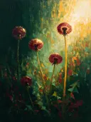 Paardenbloem in groepjes in wijnmint, schilderij van paardenbloem aan de bosrand