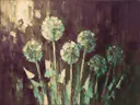 Paardenbloem in groepjes in zeegroen, schilderij van paardenbloem