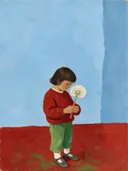 Schilderij van paardenbloem in hemelblauw en klaproosrood, in vlakke kleurvlakken