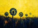 Paardenbloem in het landschap in blauwgeel, schilderij van paardenbloem
