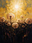 Paardenbloem in het landschap in kopergloed, schilderij van paardenbloem