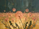 Paardenbloem in het landschap in koraal, schilderij van paardenbloem
