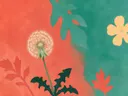 Schilderij van paardenbloem in koraalrood en zeegroen, in vlakke kleurvlakken