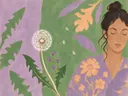 Schilderij van paardenbloem in lila en mosgroen, in vlakke kleurvlakken