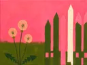 Schilderij van paardenbloem in olijf en roze, in vlakke kleurvlakken
