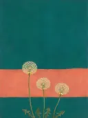Schilderij van paardenbloem in petrol en koraal, in vlakke kleurvlakken
