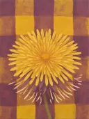 Schilderij van paardenbloem in pruim en mosterd, in vlakke kleurvlakken