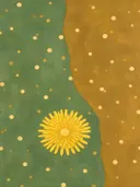 Schilderij van paardenbloem in salie en oker, in vlakke kleurvlakken