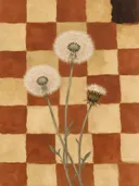 Schilderij van paardenbloem in terracotta en zand, in vlakke kleurvlakken