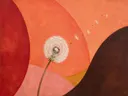 Schilderij van paardenbloem in warme kleuren bij elkaar, in vlakke kleurvlakken
