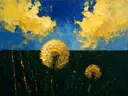 Paardenbloem onder de hemel in goudoker, schilderij van paardenbloem onder de hemel