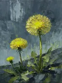 Paardenbloem onder de hemel in limoen, schilderij van paardenbloem van dichtbij