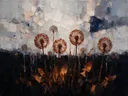 Paardenbloem onder de hemel in roest, schilderij van paardenbloem van dichtbij