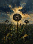 Paardenbloem onder de hemel in zwartgoud, schilderij van paardenbloem onder de hemel