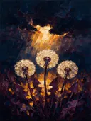 Paardenbloem onder een storm in aubergine, schilderij van paardenbloem onder een storm