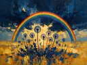Paardenbloem onder een storm in blauwgeel, schilderij van paardenbloem