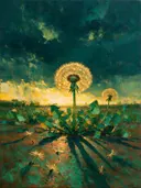 Paardenbloem onder een storm in bosgroen, schilderij van paardenbloem onder een storm
