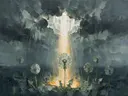 Paardenbloem onder een storm in saliegrijs, schilderij van paardenbloem onder een storm