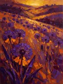 Paardenbloem op de helling in paarsoranje, schilderij van paardenbloem