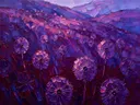 Paardenbloem op de helling in violet, schilderij van paardenbloem