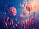 Paardenbloem tegen de lucht in fuchsia, schilderij van paardenbloem tegen de lucht
