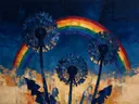 Paardenbloem tegen de lucht in inktblauw, schilderij van paardenbloem tegen de lucht