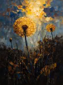 Paardenbloem tegen de lucht in saffraan, schilderij van paardenbloem van dichtbij