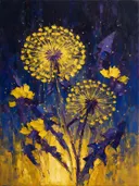 Paardenbloem tegen de lucht in zwavelviolet, schilderij van paardenbloem tegen de lucht