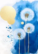Aquarel van paardenbloemen met goud op blauwe achtergrond