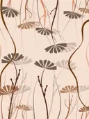 Illustratie van paardenbloemen en lange stelen op een lichtroze achtergrond.