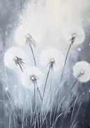 Paardenbloemen in de wind, schilderij van paardenbloemen