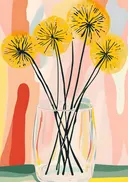 Schilderij van paardenbloemen in een glazen vaas