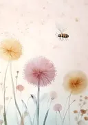 Aquarelschilderij van paardenbloemen met een bij