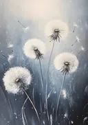 Schilderij van paardenbloemen tegen een blauwe achtergrond