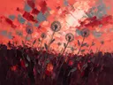Paardenbloemen tegen een koraalrode lucht, botanisch schilderij