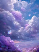 Schilderij van paarse bloemen met uitzicht op een vallei en wolkenlucht