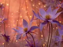 Schilderij van paarse bloemen met gouden kernen en vuurvliegjes
