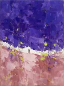 Abstract schilderij met het paletmes in paars en oud roze
