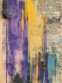 Abstract schilderij met paarse en gele verfbanen op krantenpapier met teal details