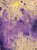 Abstract schilderij met paarse verfwaas en gele verfspatten op krantenpapier