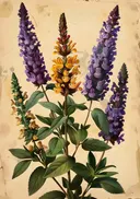 Botanische prent van paarse en gele bloemspikes